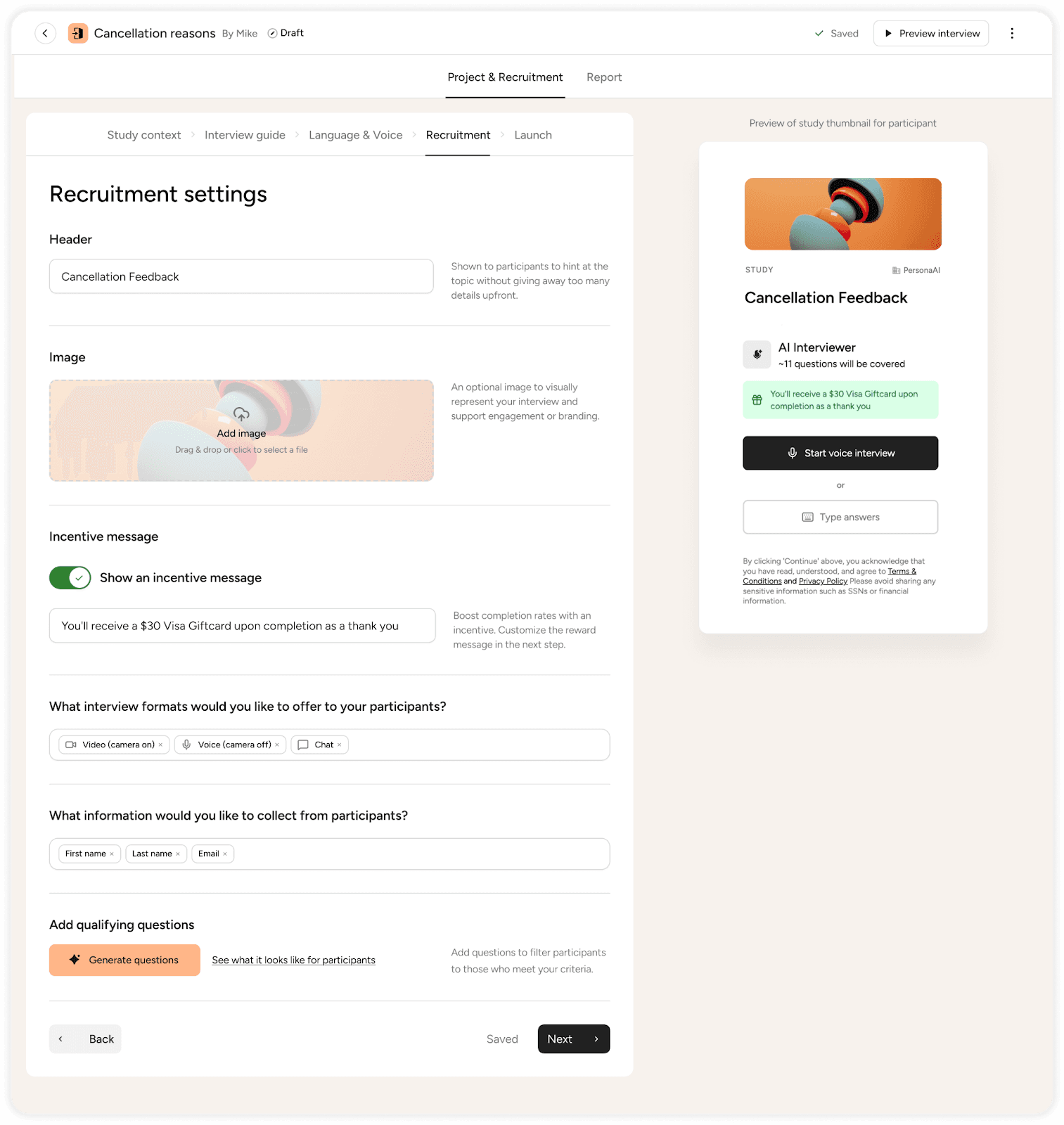 Persona recruitment settings
