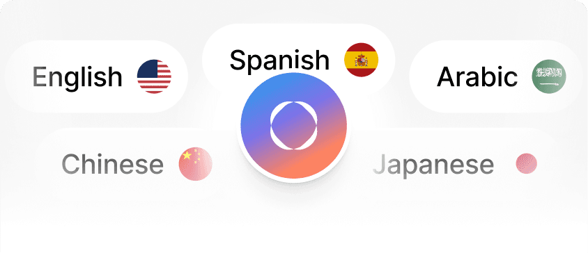 Language selector showing English, Spanish, Arabic, Chinese, and Japanese with flags