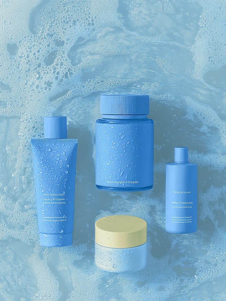 Skincare products on a watery background